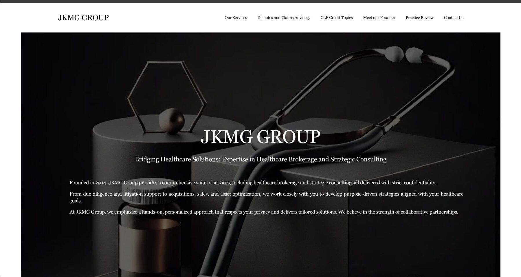 The previous JKMG Group site — a dark Squarespace template with a stock photograph of a stethoscope on a black background, the tagline 'Bridging Healthcare Solutions' centered over the image